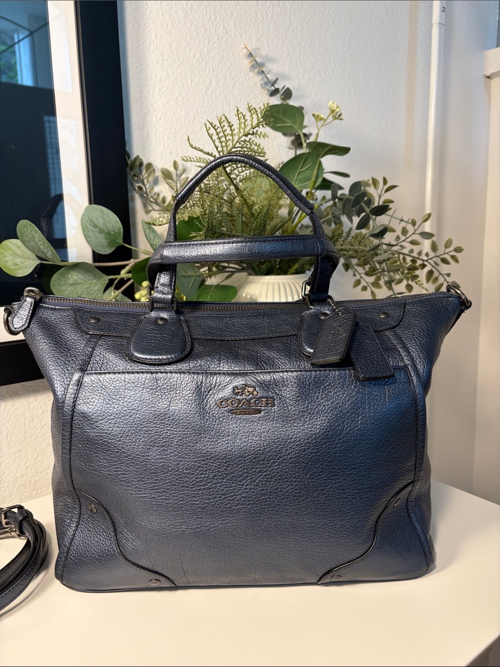 COACH Mickie Satchel In Pearlized Metallic Blue Leather